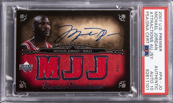2007-08 Upper Deck Premier "Premier Attractions Jersey Autographs" #JO Michael Jordan Signed Jersey Card (#27/50) - PSA Authentic, PSA/DNA 10